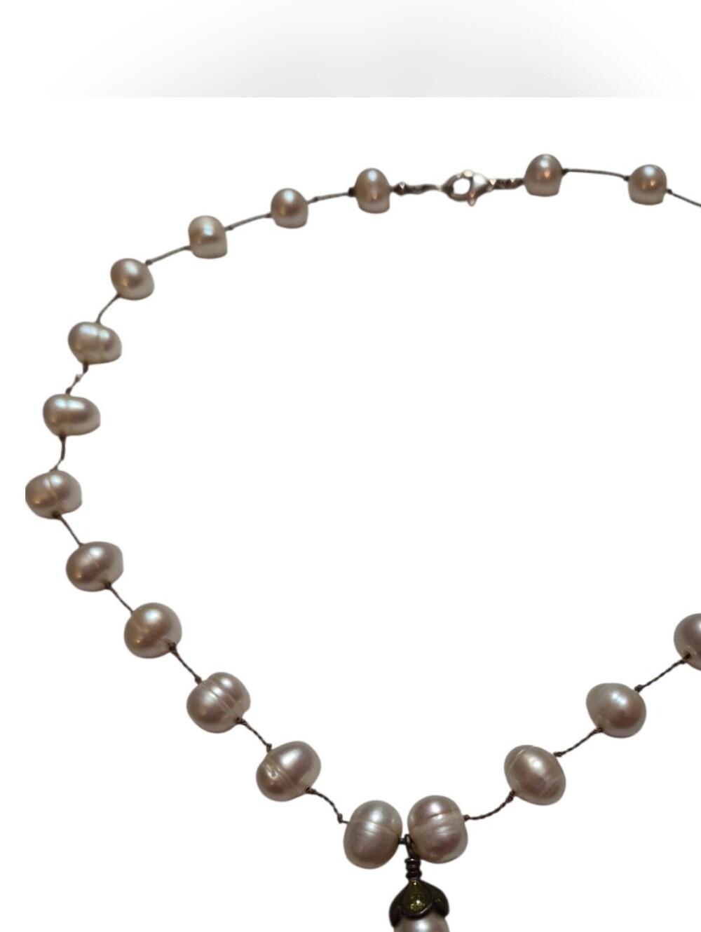 VTG Potato Pearls Sterling Silver &Enamel Pearl Pendant 16' Necklace Knotted